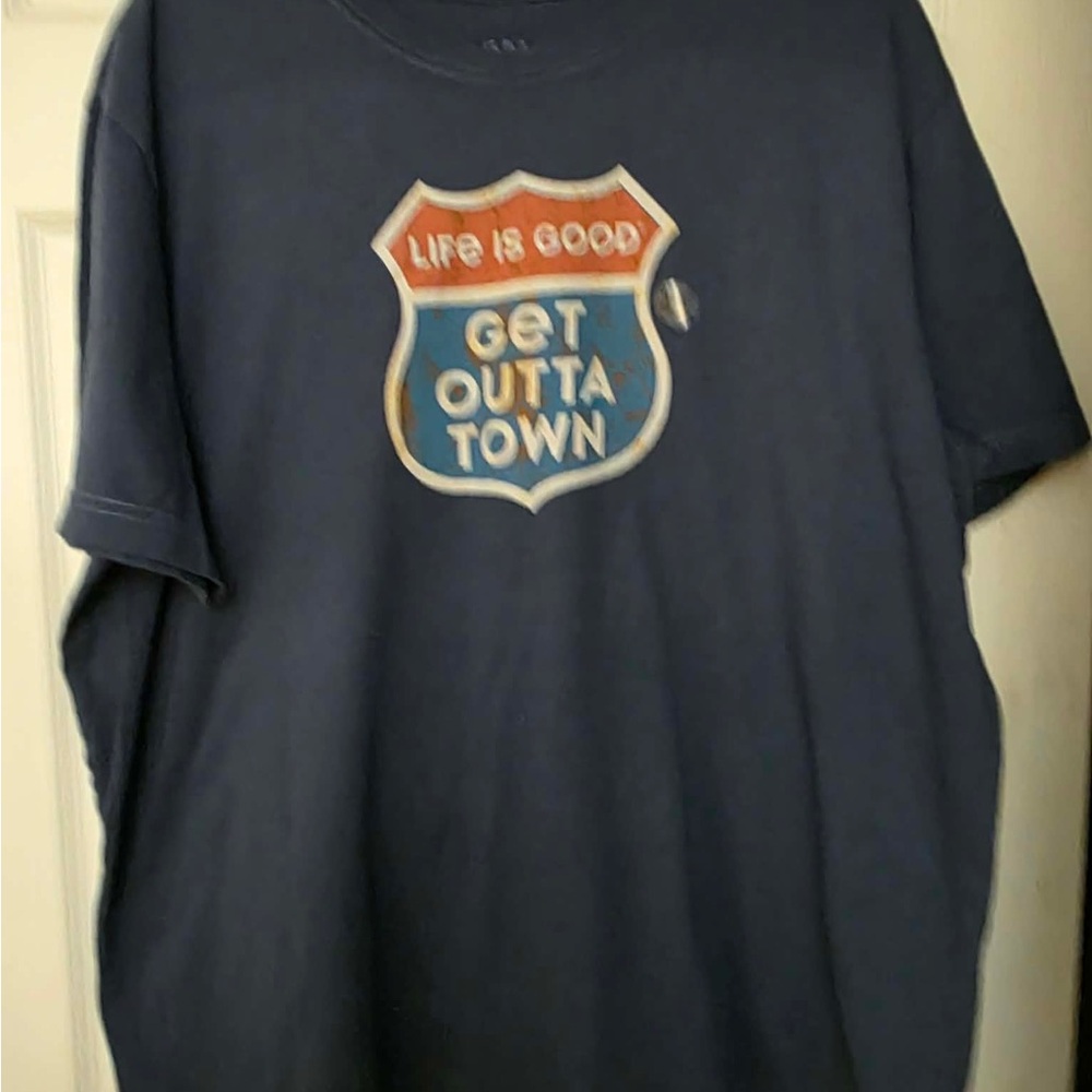 Life Is Good Navy Short Sleeve Tee with Red & Blue Shield Graphic